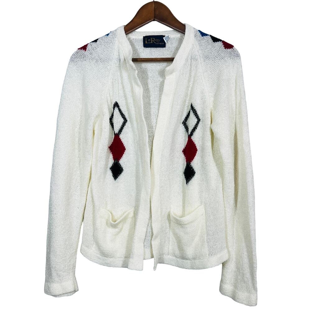Vintage Le Roy Cardigan Academic Collegiate Pockets Light Open Front - L